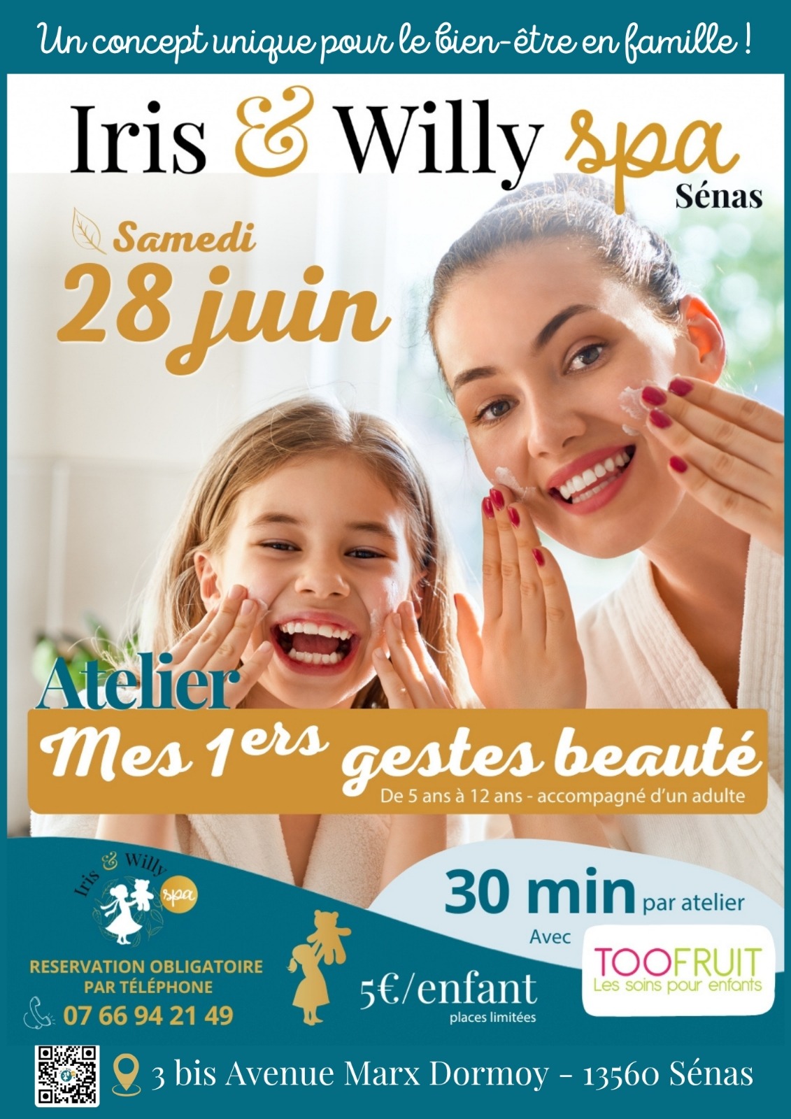 Samedi 28 Juin ! Initiation aux premiers gestes de beauté pour vos enfants (5 à 12 ans, accompagnés d'un adulte), avec les produits @TOOFRUIT, naturels et bio, adaptés à la peau des plus petits. Contactez nous pour réserver cette expérience unique ! 🧸 image